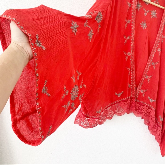 Free People Fire Red Embroidered Kimono size small - Picture 6 of 12